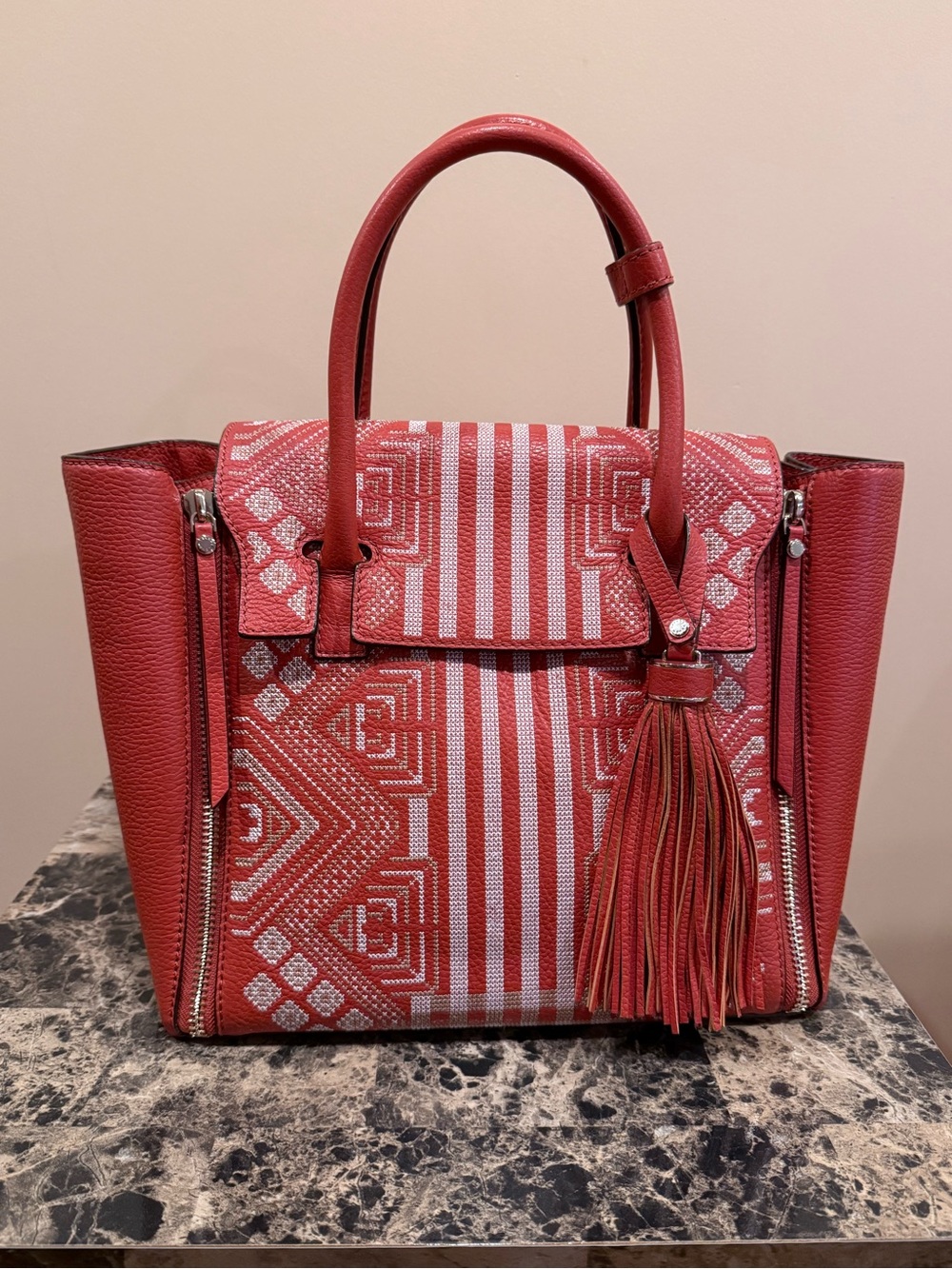 Henri Bendel Tribal Geo Embroidered Bag Paprika Red/Orange - Picture 2 of 14